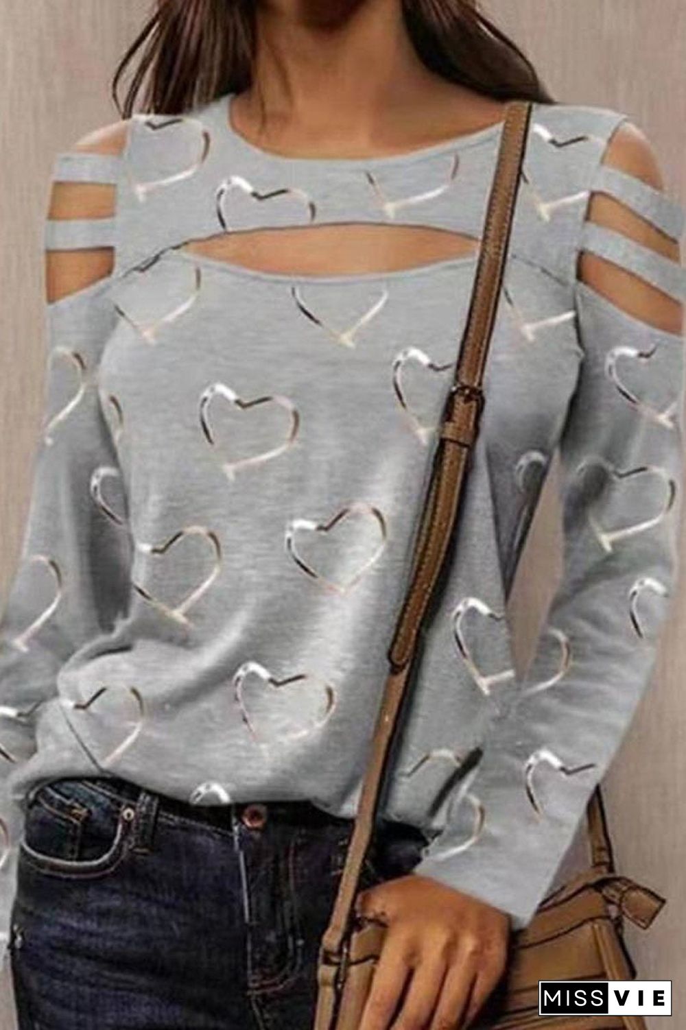 Heart-Shaped Printed Hollow Out T-Shirt