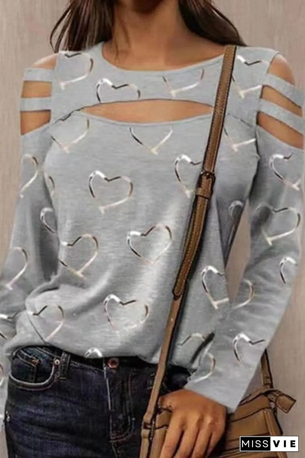 Heart-Shaped Printed Hollow Out T-Shirt