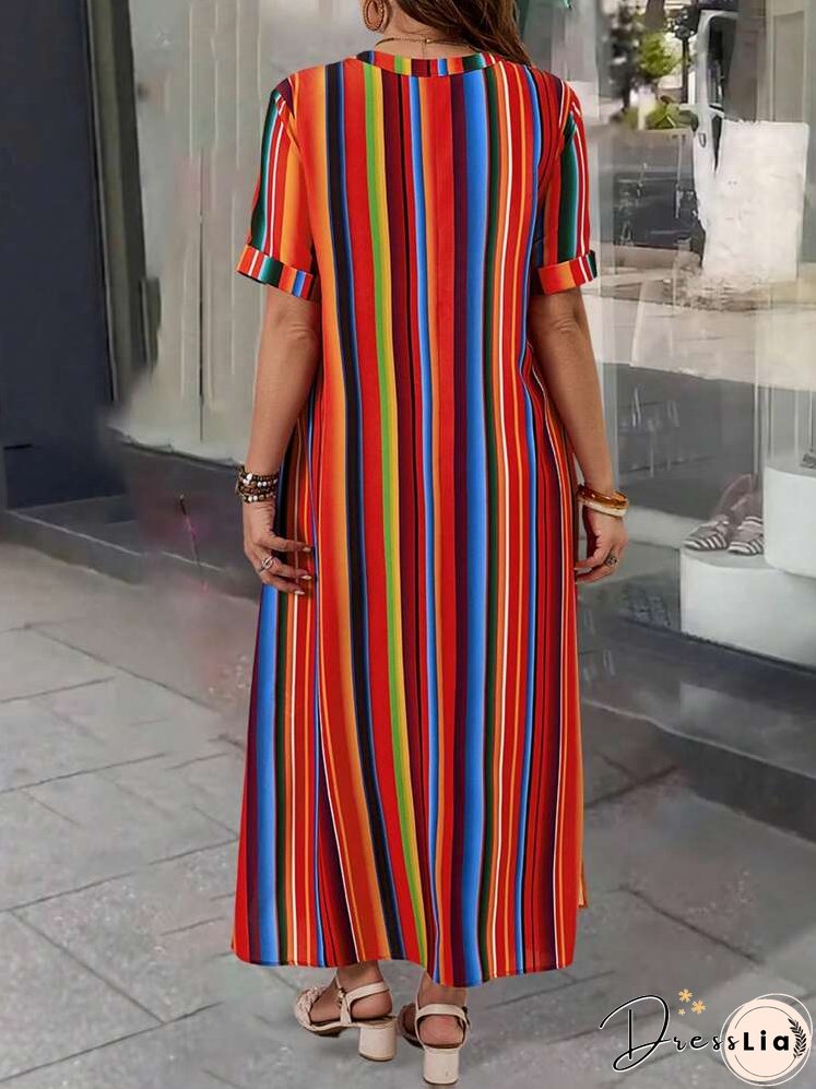 Plus Size Notched Neck Striped & Printed Split Hem Summer Casual Vacation Short Sleeve Dress