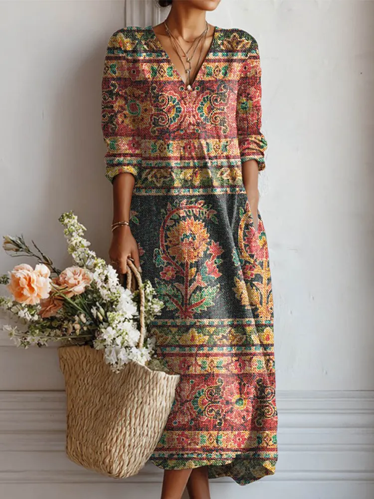 Women's Vintage Floral Art Print Cotton And Linen Pocket Dress
