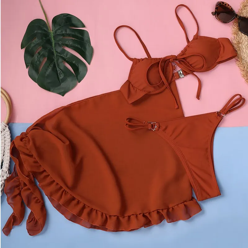 Peachtan String Bikini 2021 Skirt Swimsuit Women Push Up Swimwear Female Underwired 3 Pieces Set Sexy Bathing Suit Beach Wear