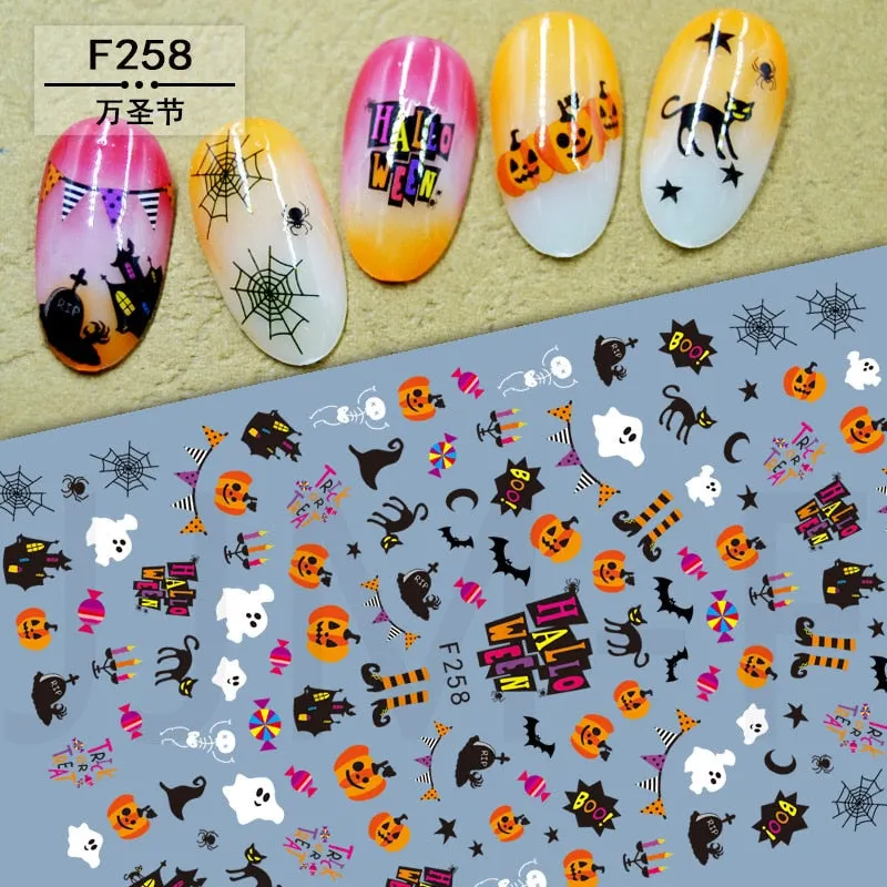 Halloween Nail Art Sticker Ghost Witch Spider Web Pumpkin Nail Decals Sexy Skull Bone Water Transfer Decals Nails Foil Manicure-Nail Inspo