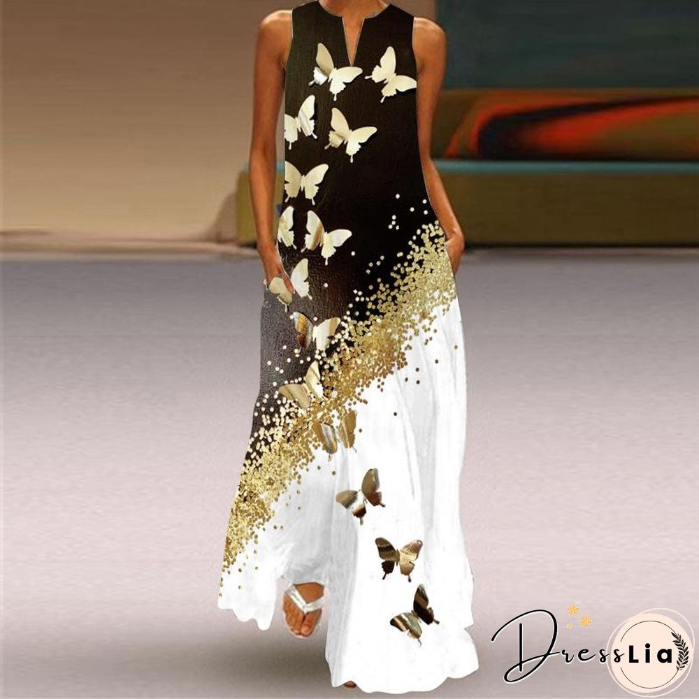 V-Neck Butterflies Printed Sleeveless Dress