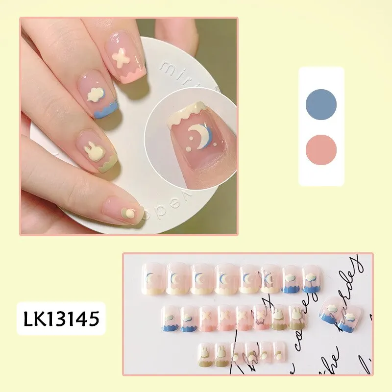 24pcs/box Fake Nails With Glue Yellow Flower Printed Type Short Paragraph Fashion Manicure Press On False Nails Gifts For Girls-Nail Inspo