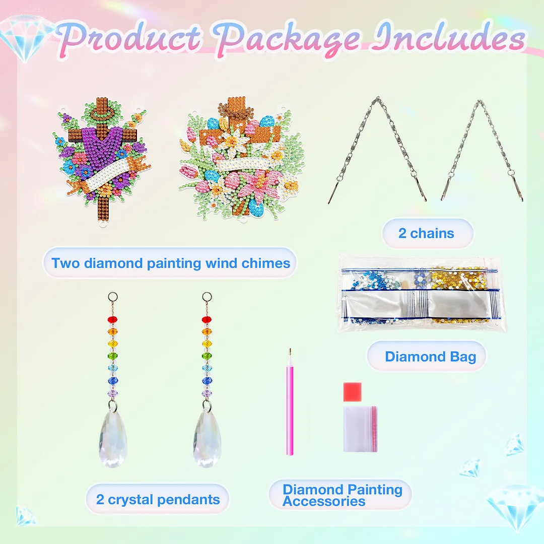 2Pcs Cross Faith DIY Acrylic Diamond Painting Art Wind Chimes with Crystal Pendant Diamond Art Hanging Pendant Double-Sided for Adults Beginners Gift Home Garden Decor