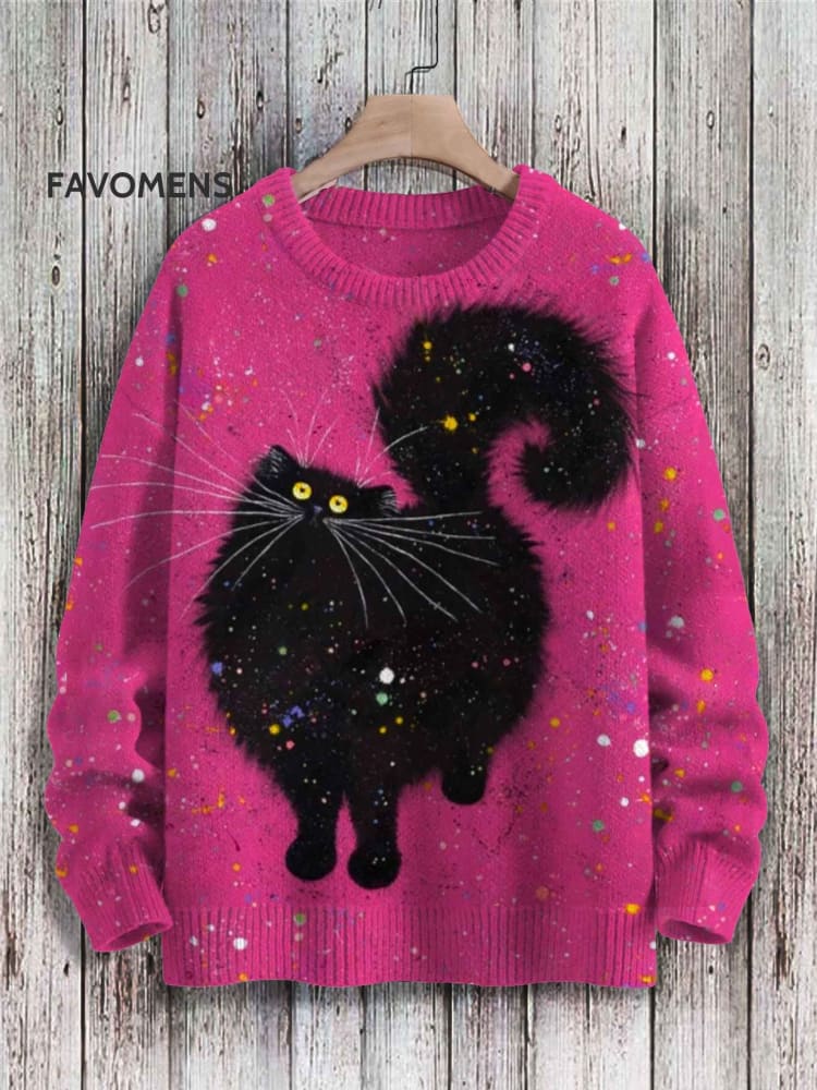 Cute Cat Print Knit Pullover Sweater Multicolor / S