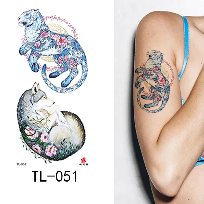 1~8 pieces of animal plants wolf bear bird art tattoo stickers disposable waterproof temporary tattoo stickers for men and women
