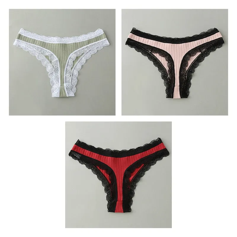 3PCS/Set G-string Panties Cotton Women's Underwear Sexy Panties Female Underpants Thongs Solid Color Sexy Lace Lingerie BANNIROU