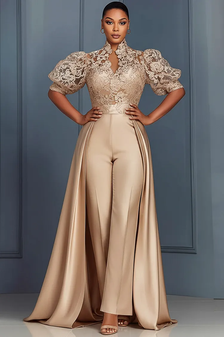 Xpluswear Design Plus Size Formal Satin Champagne Stand-Up Collar