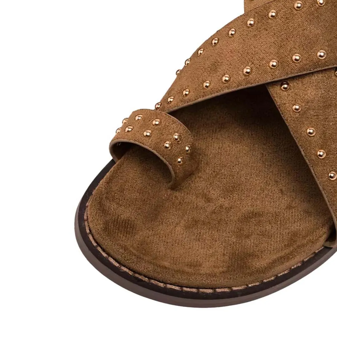 Chic Brown Vegan Suede Studs Embellished Flat Toe Loop Sandals