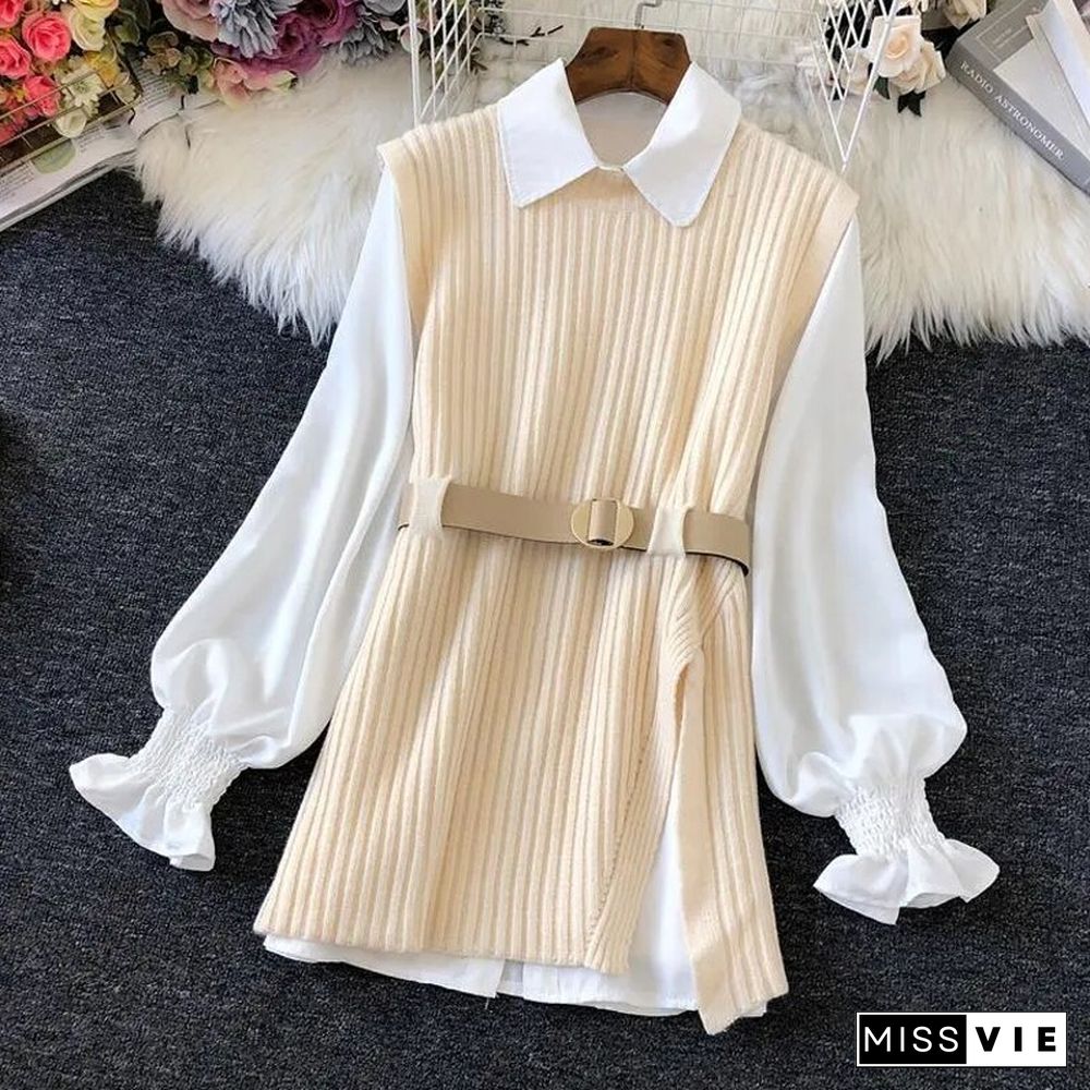 Autumn Fashion Design Shirt And Knitted Vest Women Two Piece Set Solid Black Tanks Casual Loose Coffee O Neck Tanks New