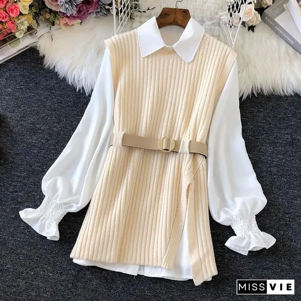 Autumn Fashion Design Shirt And Knitted Vest Women Two Piece Set Solid Black Tanks Casual Loose Coffee O Neck Tanks New