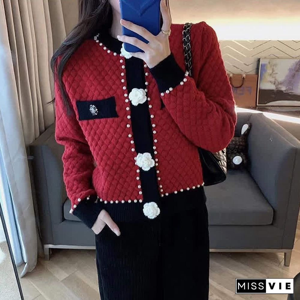 Pearl Decor 3D Blossom Button Cardigan Sweater