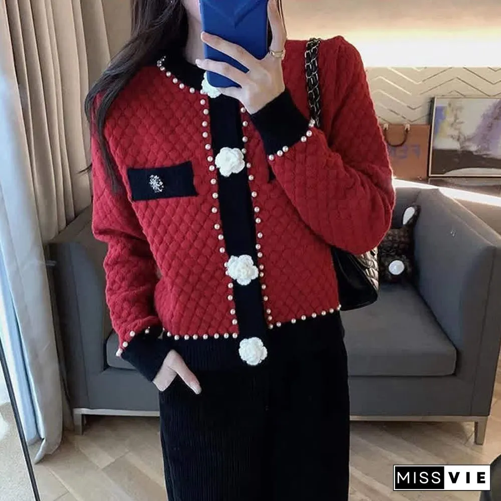 Pearl Decor 3D Blossom Button Cardigan Sweater