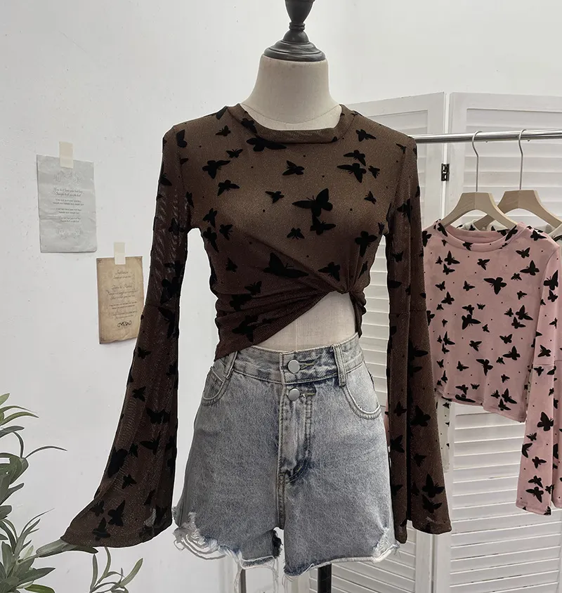 Brownm Real Shooting Spice Girl Butterfly Shiny Shiny Mesh Yarn Long-Sleeved T-Shirt Horn Sleeve Short Repair Body Jacket 8031