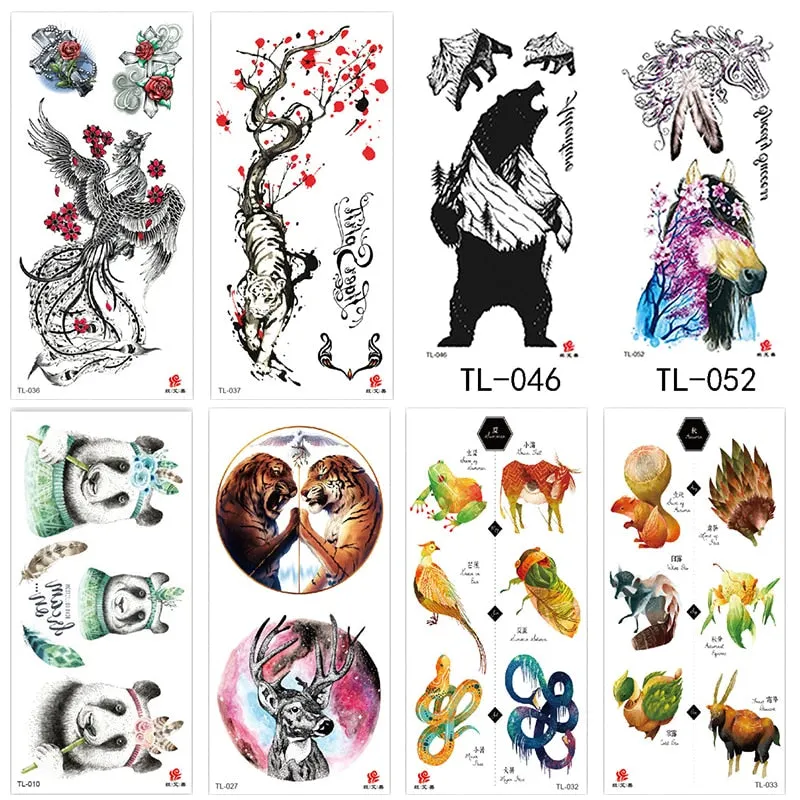 1~8 pieces of animal plants wolf bear bird art tattoo stickers disposable waterproof temporary tattoo stickers for men and women