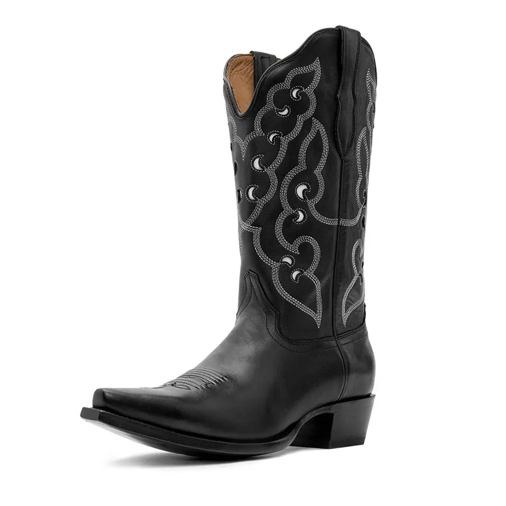 Black Snip Toe Chunky Heel Cut Out Embroidered Cowboy Boots for Women
