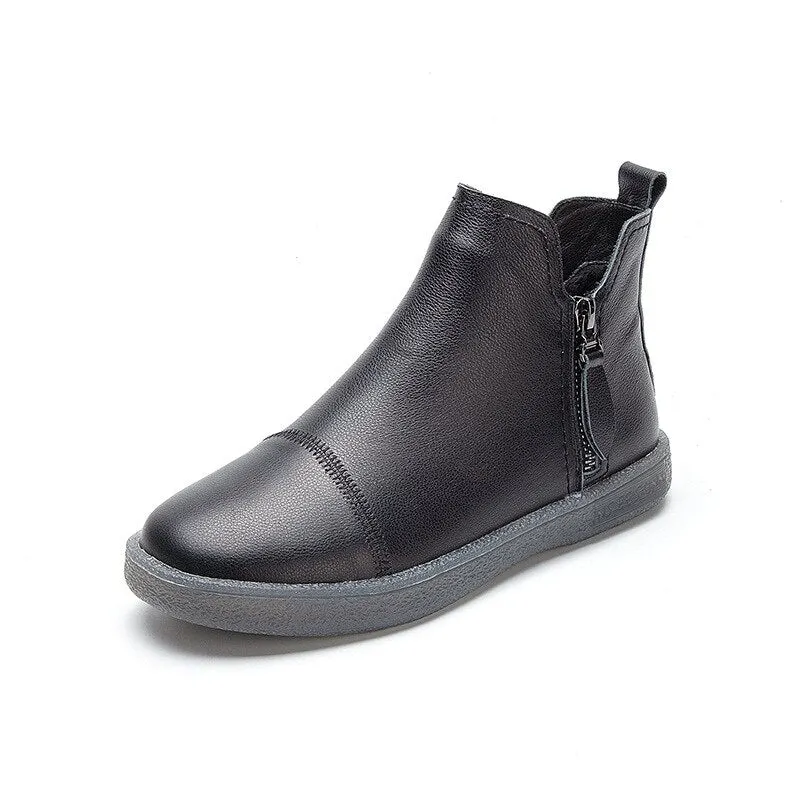 Fujin Warm Wool Motorcycle Slip on Super Comfortable Booties Footwear Winter Shoes Genuine Leather Cow Women Ankle Boots