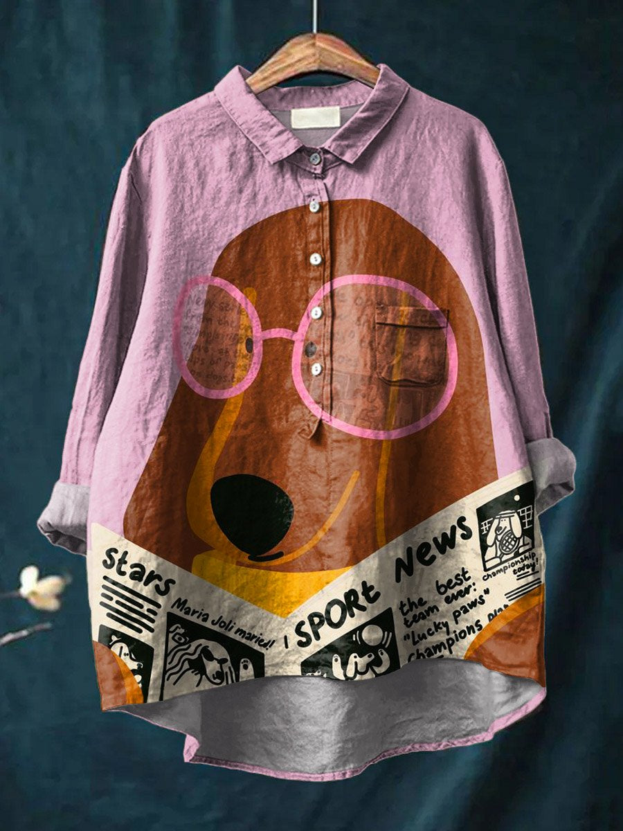 Vintage Lovely Dog Art Print Casual Cotton And Linen Shirt