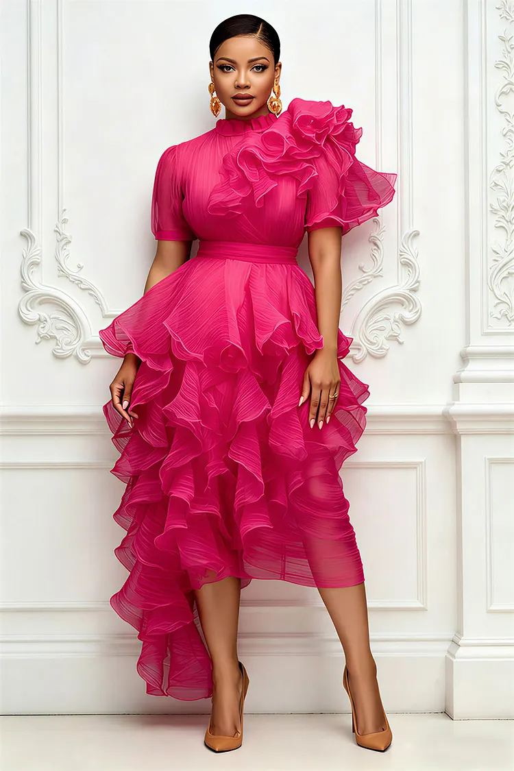 Xpluswear Design Plus Size Cocktail Party Hot Pink Round Neck Short Sleeve Ruffle Asymmetric Hem Irregular Hem Tulle Midi Dresses [Pre-Order] 2024 - Xpluswear