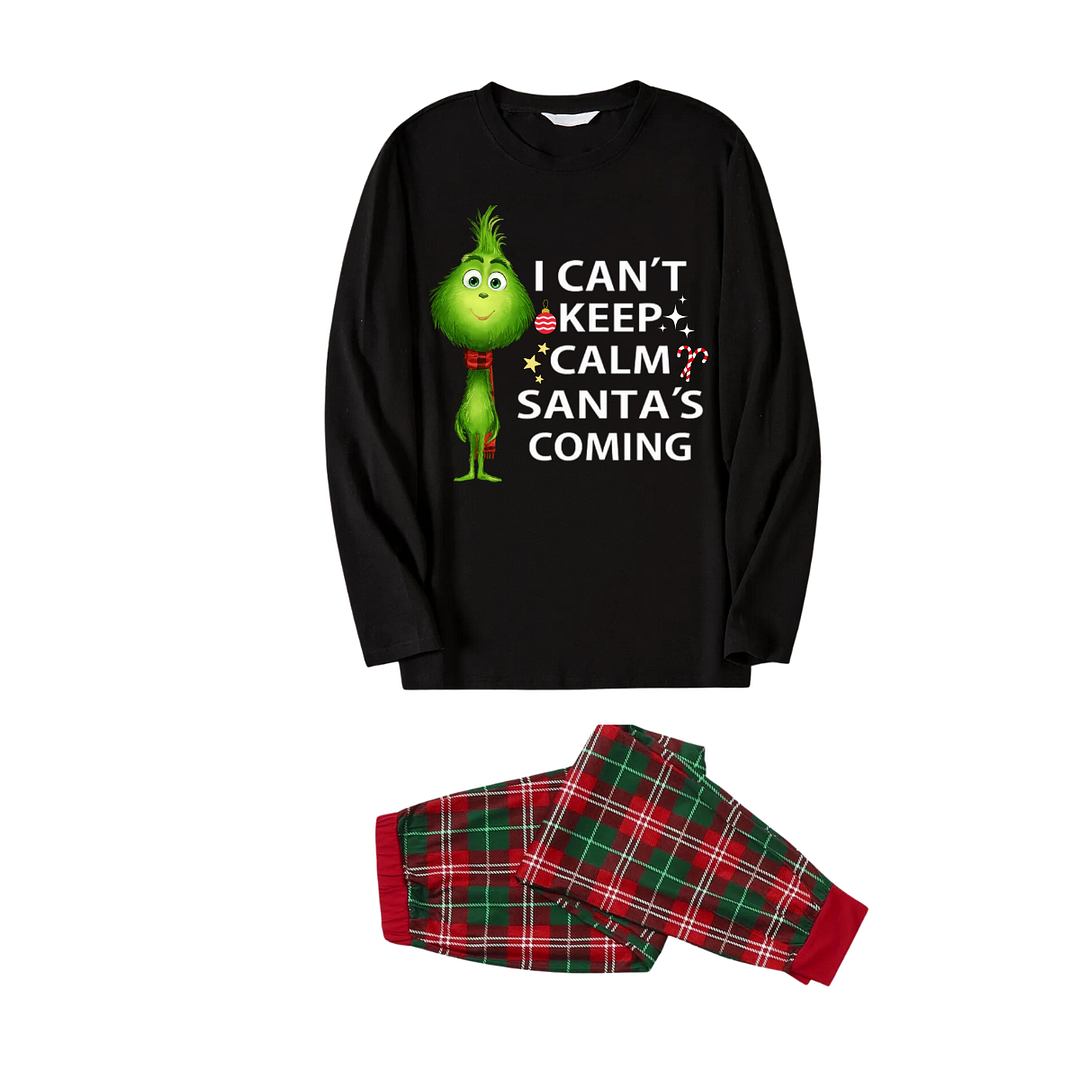 Cartoon Pattern and Christmas Slogan Printed Red and Green Plaid Family Matching Pajamas