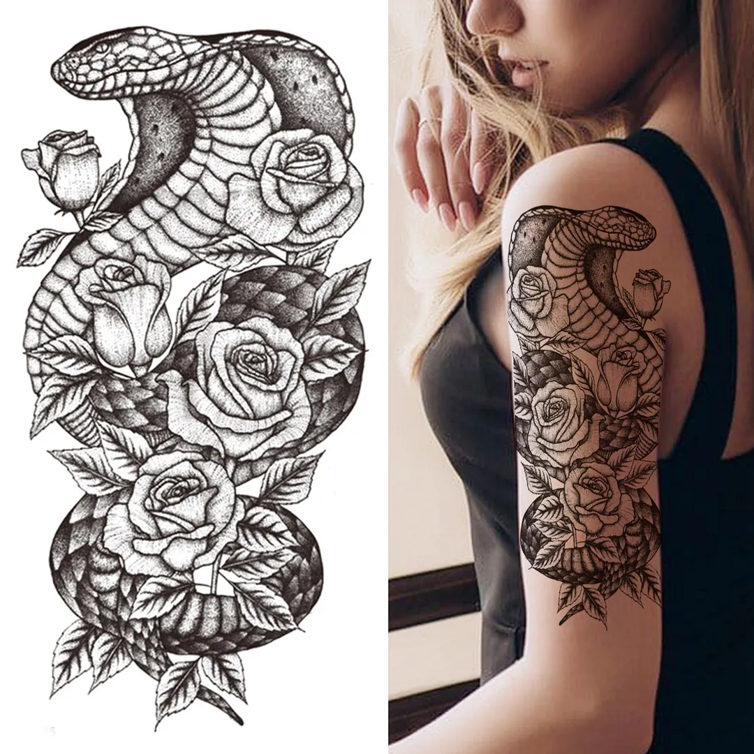 Sexy Rose Lion Flower Temporary Tattoos For Women Men Kids Boys Realistic Fake Wolf Tattoo Sticker Black Cross Compass Tatoos 1108-1