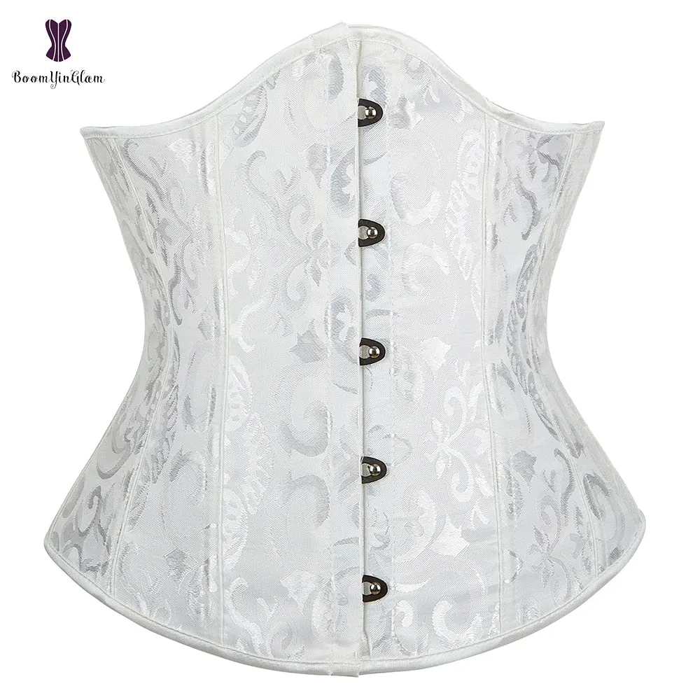 Jacquard Floral Underbust Corset Pink Blue Black White Coffee Lace Up Boned Waist Cincher Shaper Outfit