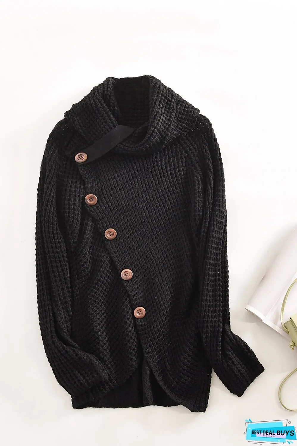 Black Buttoned Wrap Turtleneck Sweater