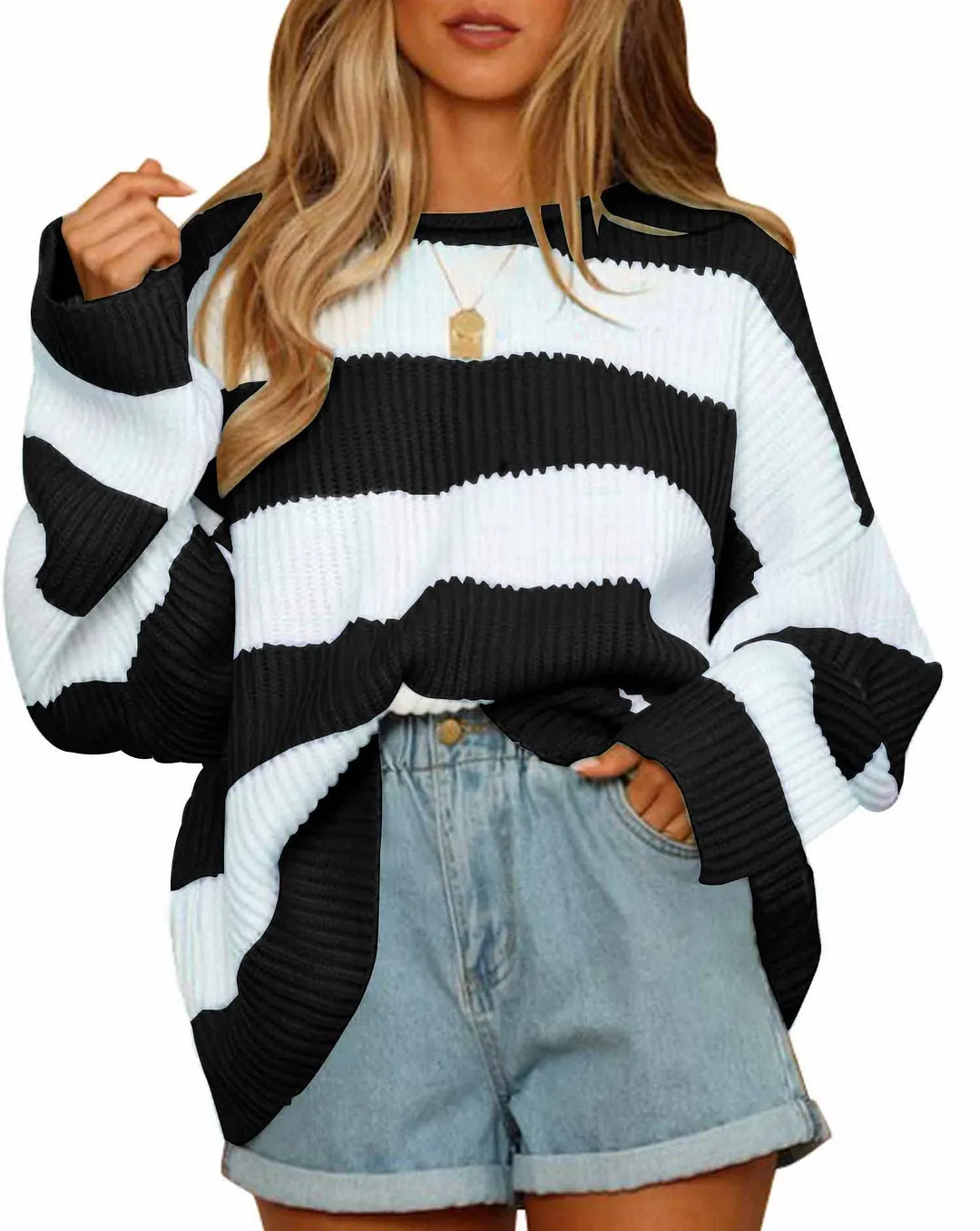 Churchf Churchf Temperament Round Collar Long Sleeve Sweater Women's Autumn And Winter New Stripe Loose Casual Sweater Jacket Female