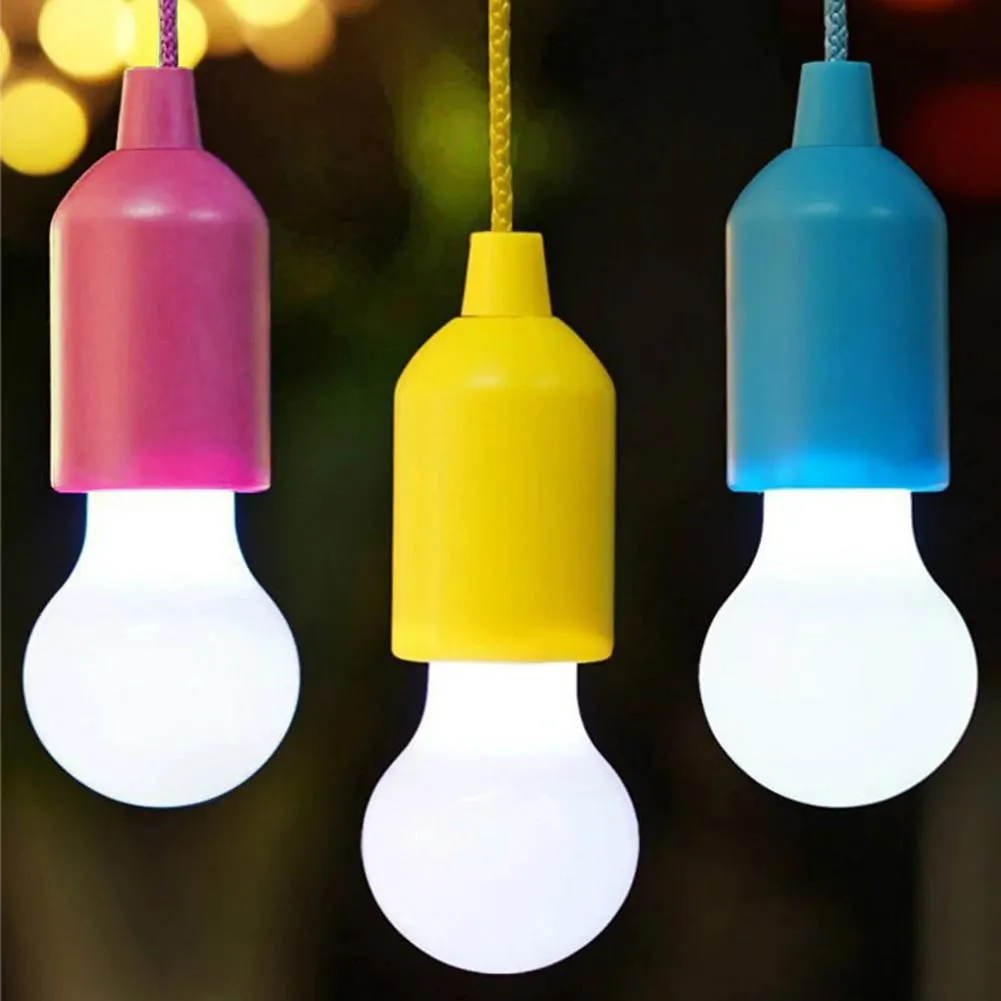 LED Hanging Light Bulb Battery Powered Colorful Pull Cord Bulbs (White)