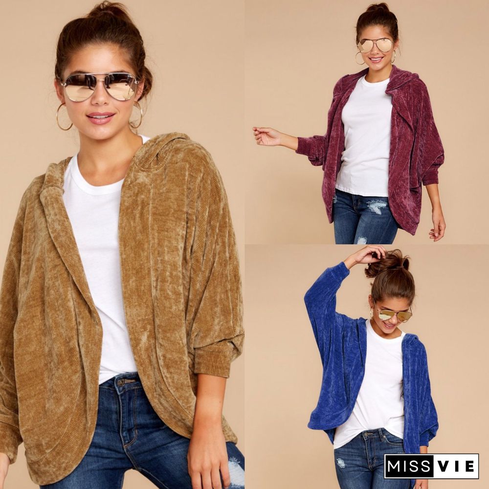 Thicken Plain Loose Velvet Coat With Hat