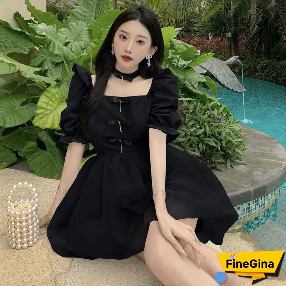 Fashion Lolita Style White Dress Women Summer Japanese Puff Sleeve Elegant Vestidos Vintage Square Collar A-Line Mini Dress New