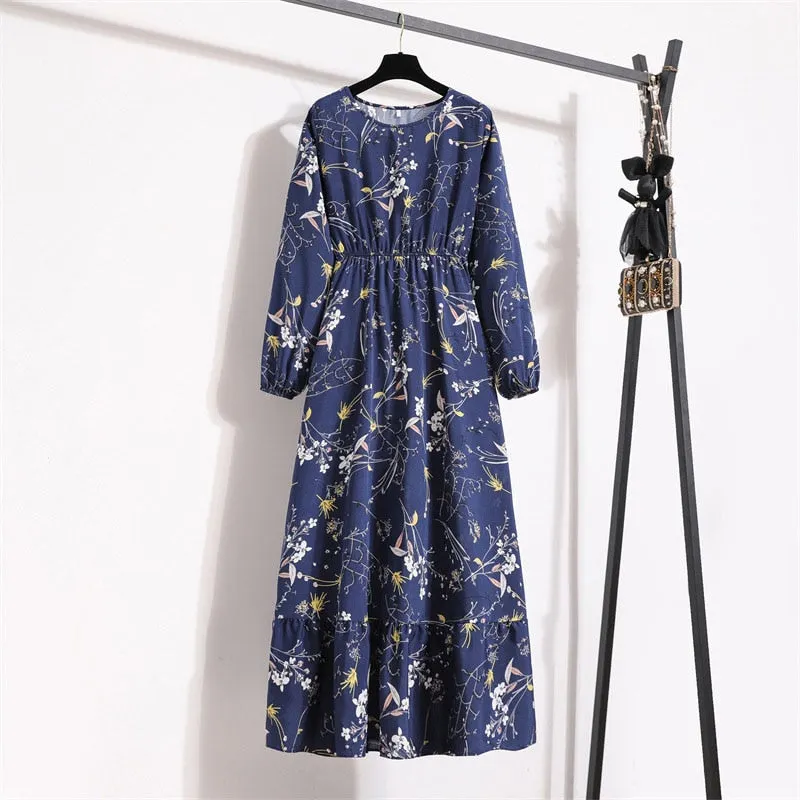 Floral Print Long Dress Women Lantern Long Sleeve High Waist Elegant Party Dress Ladies Casual Spring Summer Beach Maxi Dress