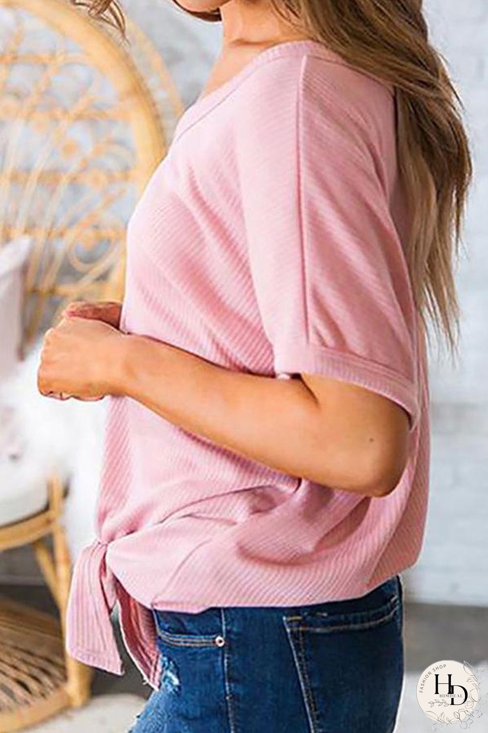 Plus Size Knot Solid Color V-Neck Short Sleeve T-Shirt