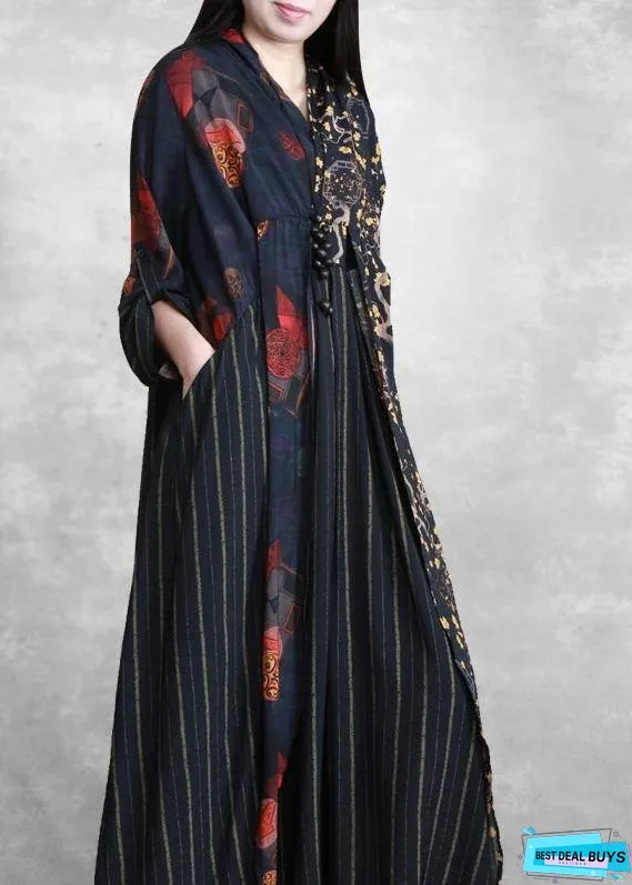 Simple Black Print Dresses Patchwork Vestidos De Lino Dress ( Limited Stock)