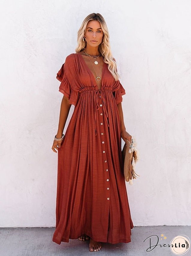 Swing Dress Maxi long Dress Green Orange Rust Red White Black Backless Short Sleeve Solid Color Summer Spring V Neck Boho Beach Loose One-Size for Women