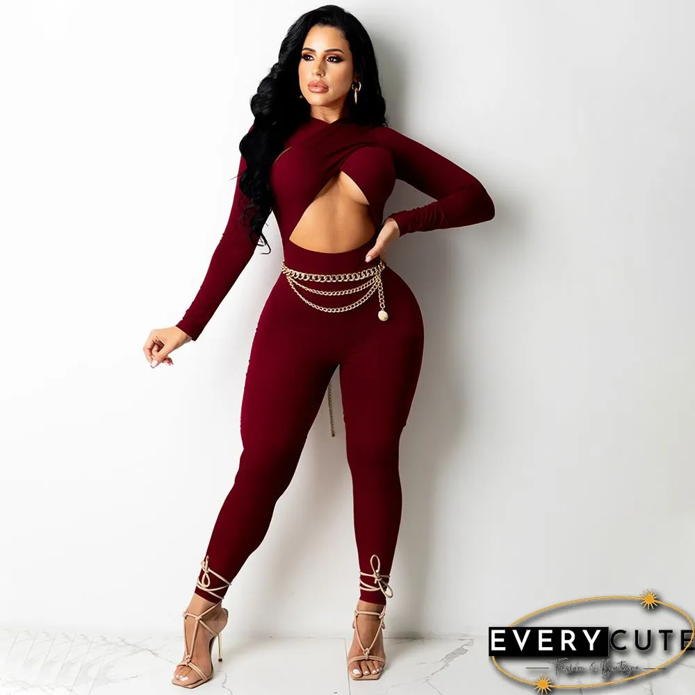 Autumn And Winter New Sexy Cross Tie Solid Color Jumpsuit