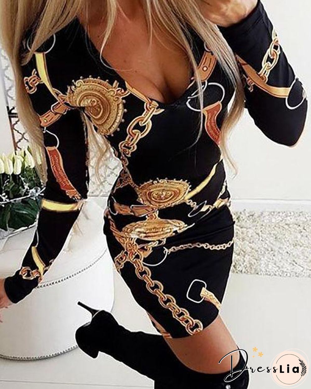 Womens Deep V Neck Dresses Floral Midi Dresses Print Long Sleeve Bodycon Dress
