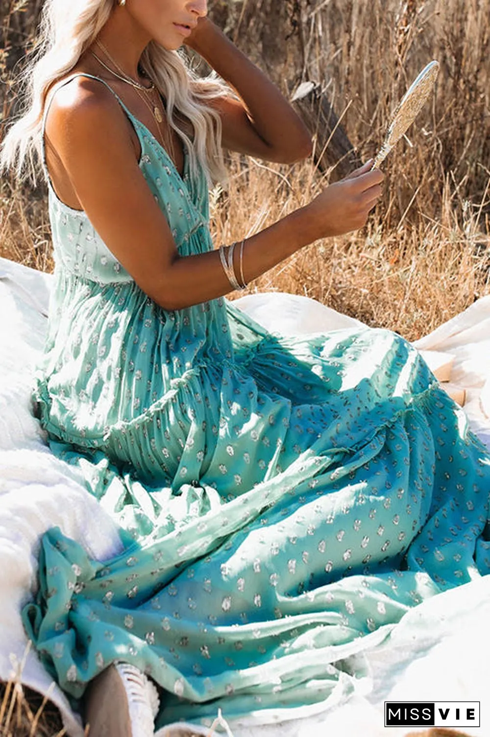 Vacation Mood Metallic Polka Dot Maxi Dress
