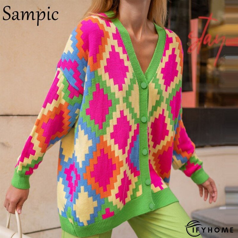 Christmas Gift Sampic Loose Patchwork Knitwear Winter Women Cardigans Tops Oversized Long Sleeve Y2K V Neck Sweater Casual Fashion Tops | IFYHOME
