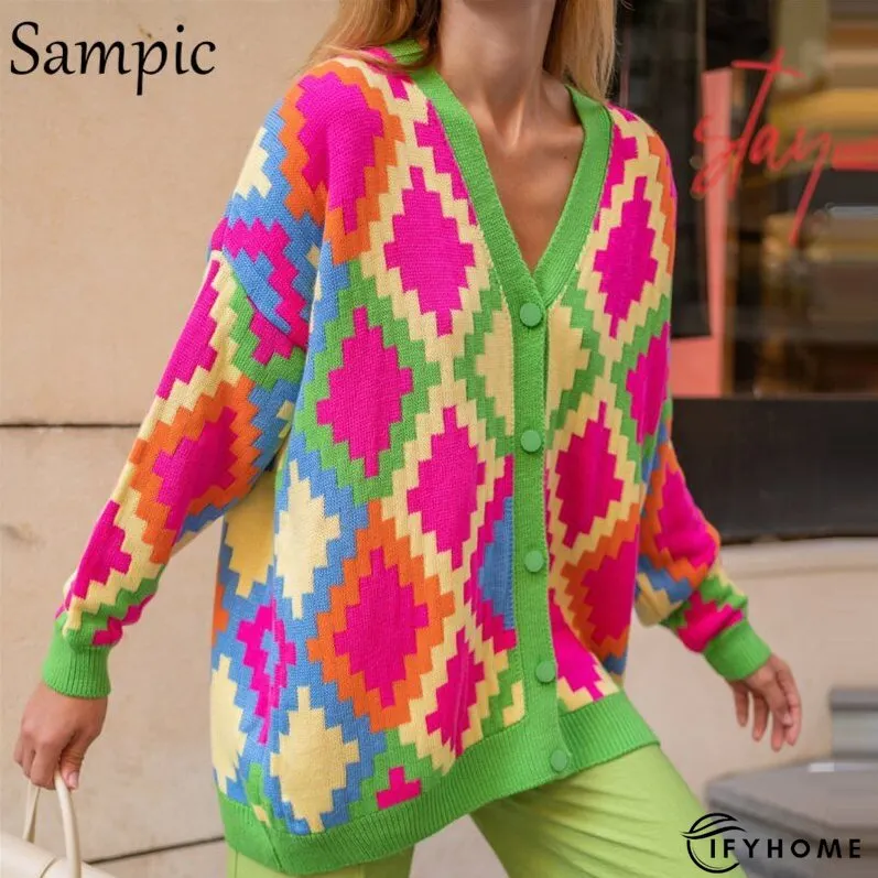 Christmas Gift Sampic Loose Patchwork Knitwear Winter Women Cardigans Tops Oversized Long Sleeve Y2K V Neck Sweater Casual Fashion Tops | IFYHOME