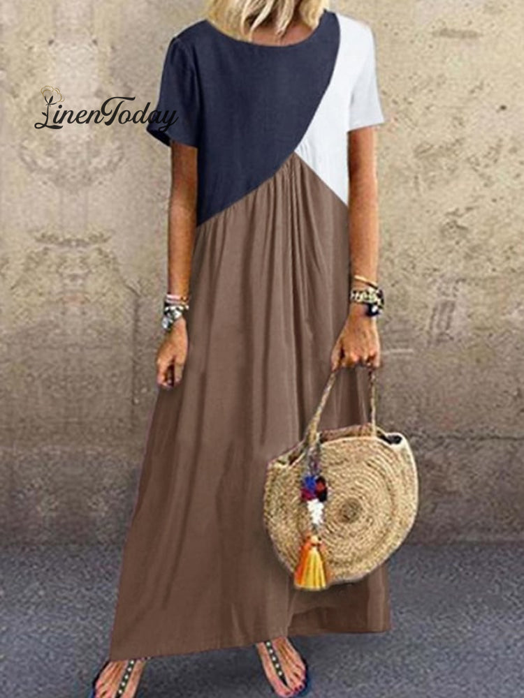 Casual Round Neck Short Sleeve Dress Khaki / S
