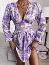 Deep V-Neck Long Sleeve Floral Print Elasticity A-Line Mini Dress
