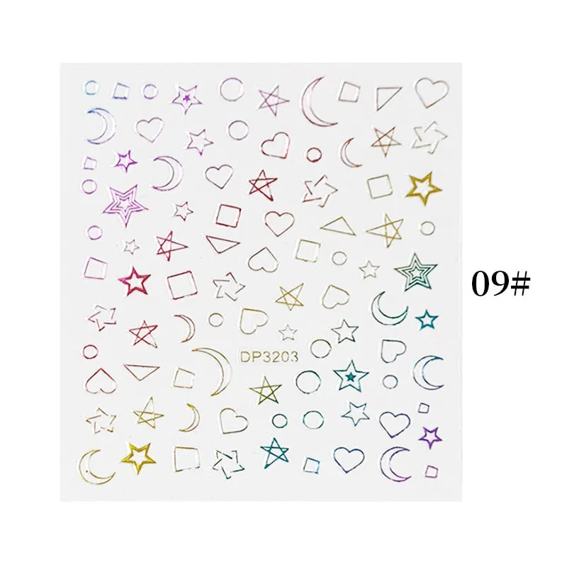 English Letter Design 3D Nail Stickers Iridescent Geometrics Gold Stars Moon Transfer Nail Art Sliders Decoration Accessories