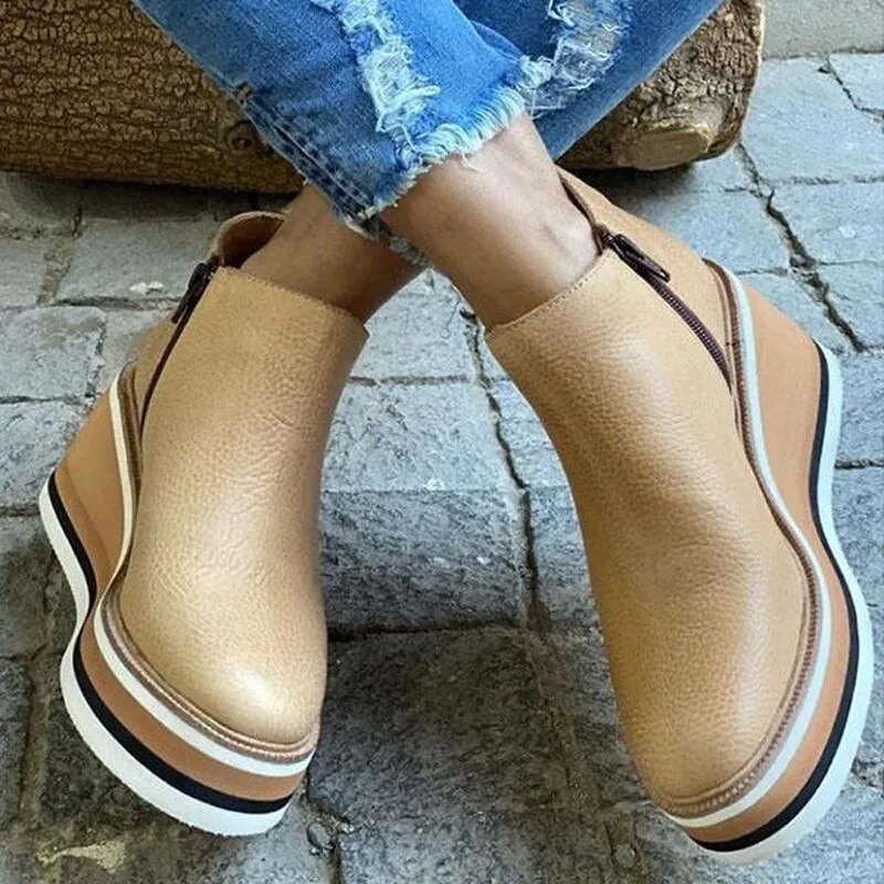 New Winter Wedges Women Boots Comfortable Ankle Boots Shoes Round Toe Heel Lace Up and Zip Thicken Botas De Mujer Plus Size 43
