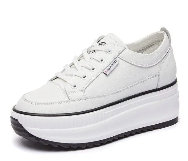 Fujin Genuine Leather 8cm Dad Shoes Chunky Sneakers Platform Heel Wedge Air Mesh Summer Shoes Vulcanized White Sneakers 2021