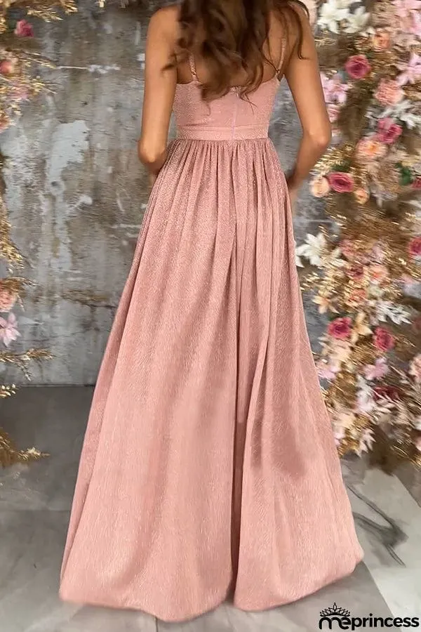 Formal Ready Shiny Fabric Mesh Slit Maxi Dress