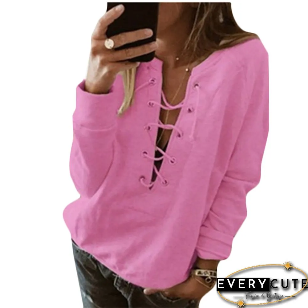 Pink Long Sleeve Cut-out Blouse Top