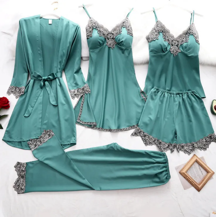 Churchf Simulation Silk Pajamas Lingerie Five-Piece Set Slings Sexy Lady Bathrobe Home Clothes Pajamas