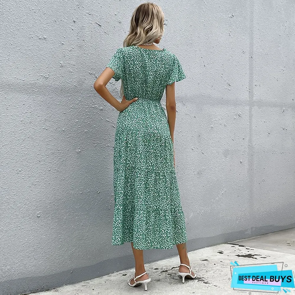 Women's Short Sleeve Green Printed V-Neck Dress